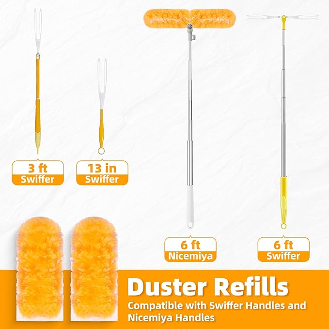 6 ft Extendable Handle with 20 Duster Refills, Heavy Duty Duster Refills Kit Compatible with Swiffer, 360 Disposable Microfiber Duster Pads for Ceiling Fan, Window & Hard to Reach Areas Cleaning