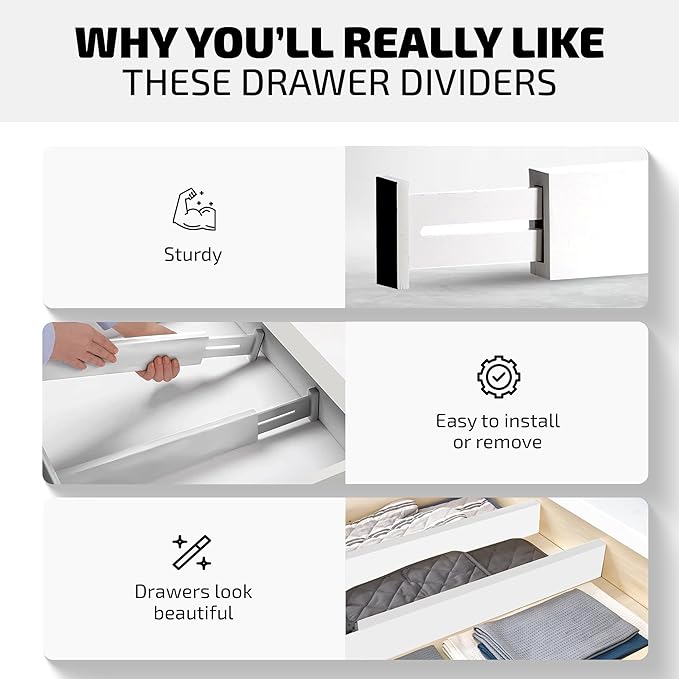 4 Pack Drawer Divider - 2.6" High, 16" to 22" Adjustable Bamboo Drawer Organizers for Clothes, Expandable Dresser Separators in Bedroom/Bathroom/Kitchen/Office Organization and Storage (White)