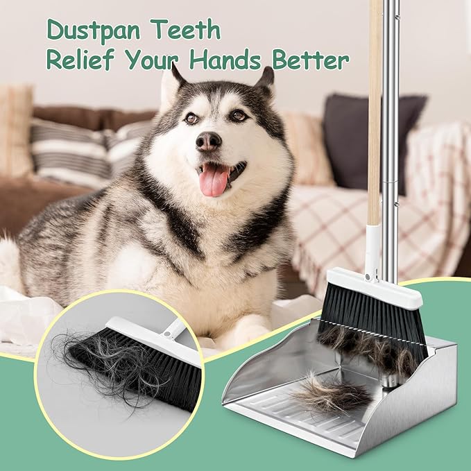 Dust Pans with Long Handle,Heavy Duty Metal Dust Pan with Handle,Upright Stand Up Dustpan with Dust Pan Teeth to Clean Hair for Home Kitchen Office Lobby Floor Garden