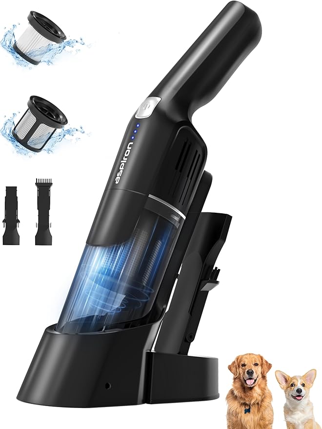 Aspiron Cordless Handheld Vacuum, 24KPA Powerful Car Vacuum, 2-Speed, 2 Charging Methods, Wireless Charger, Ergonomic Handle, Portable Rechargeable Vacuum Cleaner for Car, Home, Black Silver