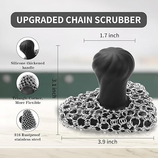 Cast Iron Scrubber with Handle 316 Dish Cast Cleaner Chainmail Scrubber for Pan Skillet Iron Scrub Brush Steel Wool Scrubber Cleaning Kit (1 Scrub + 1 Scraper)