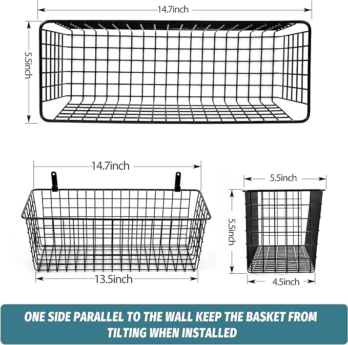 4 Set [EXTRA LARGE] Hanging Wall Mount Storage Baskets with Adhesive Hooks & Steel Hooks, Multiuse Sturdy Wire Metal Organizing Baskets for Home Kitchen Bathroom Pantry Utility Organizer, Black