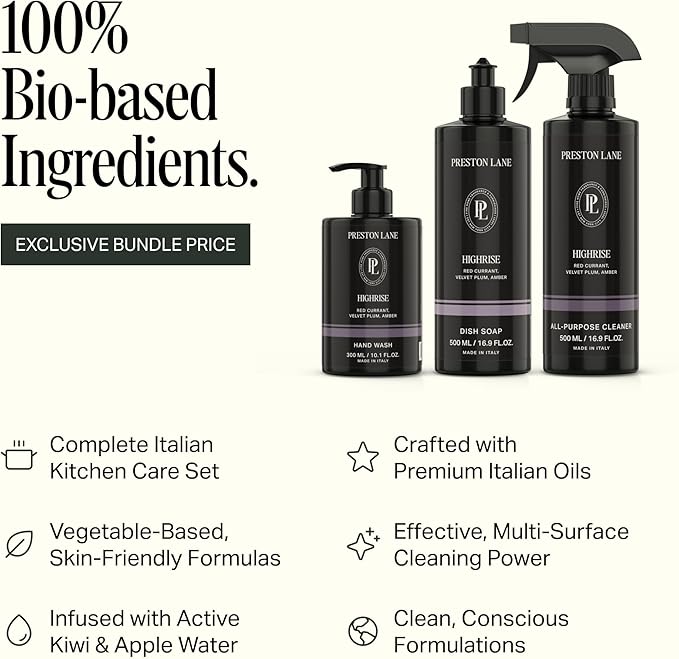 Preston Lane Luxury Kitchen Set – Hand Wash, Dish Soap & All-Purpose Cleaner | Plant-Powered Cleaning Essentials Bundle with Fine Italian Fragrance, Highrise Scent