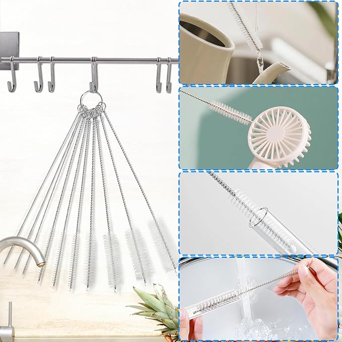 Cleaning Brushes Set, 10 Pieces 8 Inch Nylon Tube Brush + 60 Inch Flexible Long Drain Brush, Hose Pipe Brush, Suitable for Home Kitchen, Bathroom, Fish Tank, Water Pump Accessories (White)