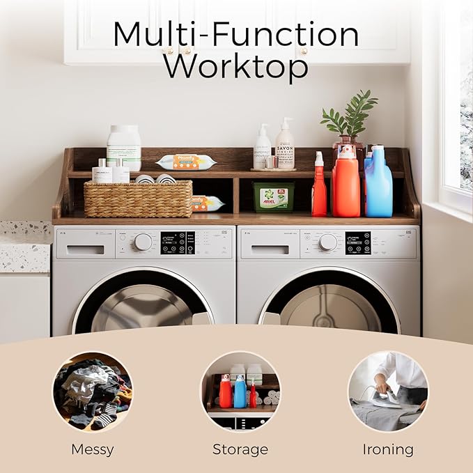OAKHAM HOME 2-Tier Washer Dryer Countertop, 54" x 27.6" Washer Dryer Topper with Storage Shelf and Non-Slip Pads for Laundry Room Organization, Walnut