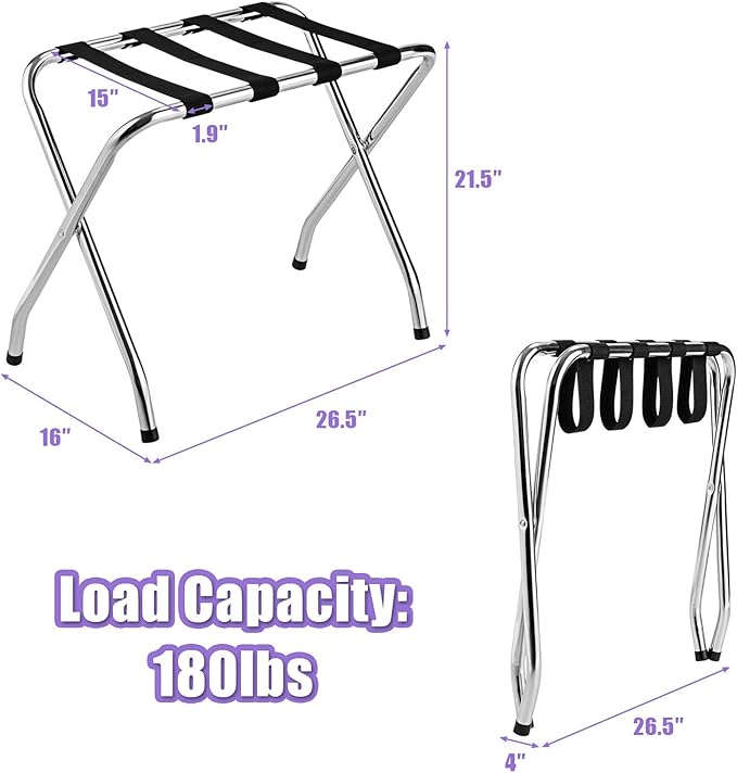 Tangkula Chrome Luggage Rack for Guest Room, No Assembly Required, Folding Metal Suitcase Stand with Nylon Belts, for Home Bedroom Guest Room Hotel, Luggage Rack, Silver (2)