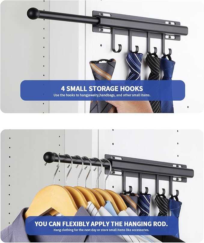 BaiNong 12" Valet Rod for Closet Pull Out With 4 Hooks Valet Rods for Closets (2Pack Black) Closet Valet Rod Slide Out