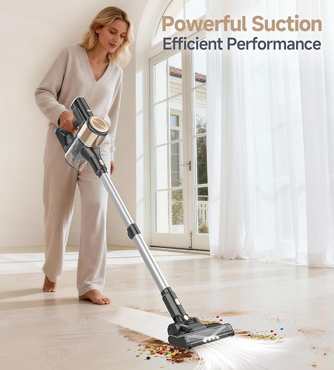 Hivroo N17 Cordless Vacuum Cleaner, Upgraded Lightweight Stick Vacuum for Home, 45mins Runtime, Powerful Suction, Self-Standing, Anti-tangle, Rechargeable Vacuum for Hard Floor Carpets Pet Hair (Gold)