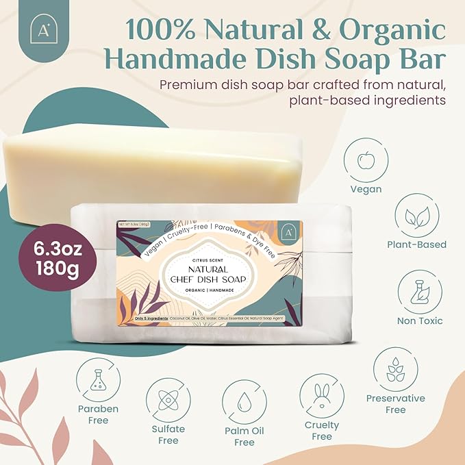 All Natural Dish Soap Bars - Bar Soap for Dishes, Biodegradeable Dish Soap Block, Kitchen Soap, All Natural Non Toxic, Low Waste Kitchen Dishwashing Bar Soap-Citrus Scent (3 Pack, 6.3oz)