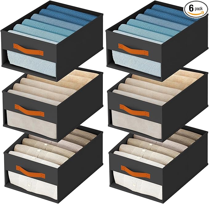Homsorout Drawer Organizers and Storage - 6 Pack Foldable Pants Organizer with Clear Window & Handles, Fabric Closet Organizer for Clothes, Jeans, Sweaters, Towels, T-shirt, Scarf (Black)