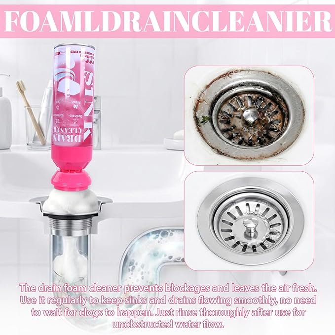 Foaming Drain Cleaner - Sink Cleaner and Deodorizer for Kitchen Sinks, Shower Drains, and Tubs, Monthly Maintenance to Avoid Clogs. (1pcs, coral pink)