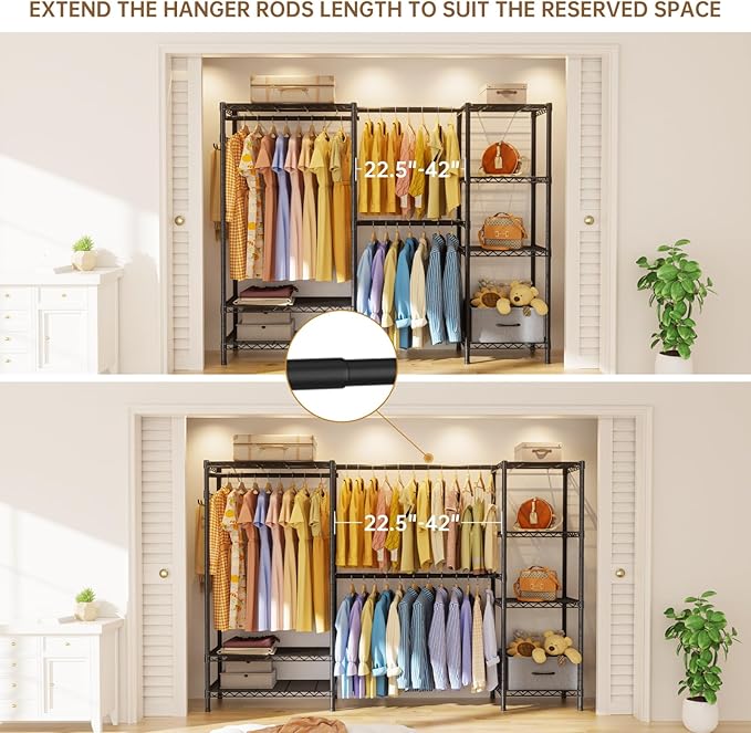 Golpart Coat Rack Clothes Wardrobe：Closet Organizer and Storage Clothing Garment Rack with Shelves Heavy Duty for Hanging Clothes Portable Adjustable Black 15.8" Dx(70-88.5)" Wx76.5 H