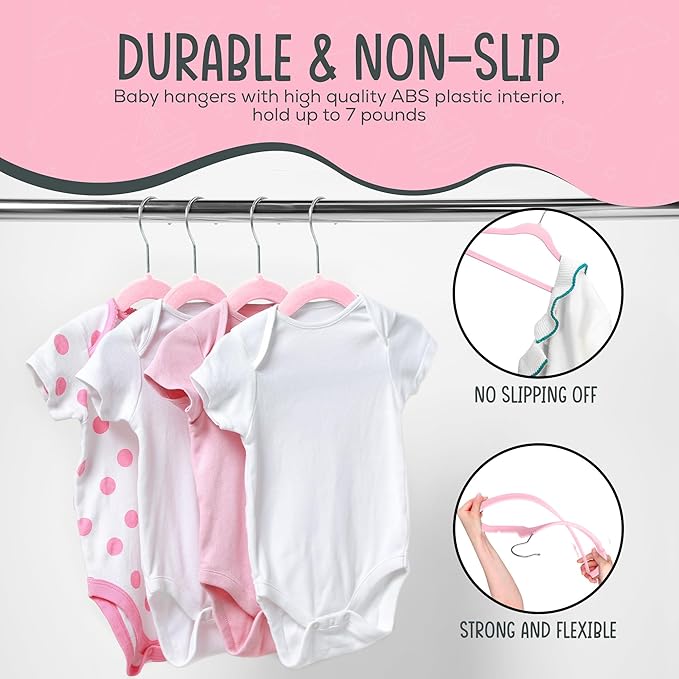 TechZoo 25 Premium Baby Velvet Hangers - 11.8 Inches Non-Slip & Ultra-Slim Baby Hangers for Space-Saving & Children Clothes - 360 Swivel Hook, Strong & Durable Infant & Toddler Clothes Hanger - Pink