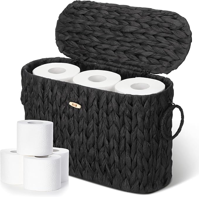 Kathfly Black Toilet Paper Storage Basket with Lid Wicker Woven Bathroom Basket Toilet Paper Holder Holds up to 6 Mega Rolls Woven Organizer for Home Bathroom Kitchen Offices