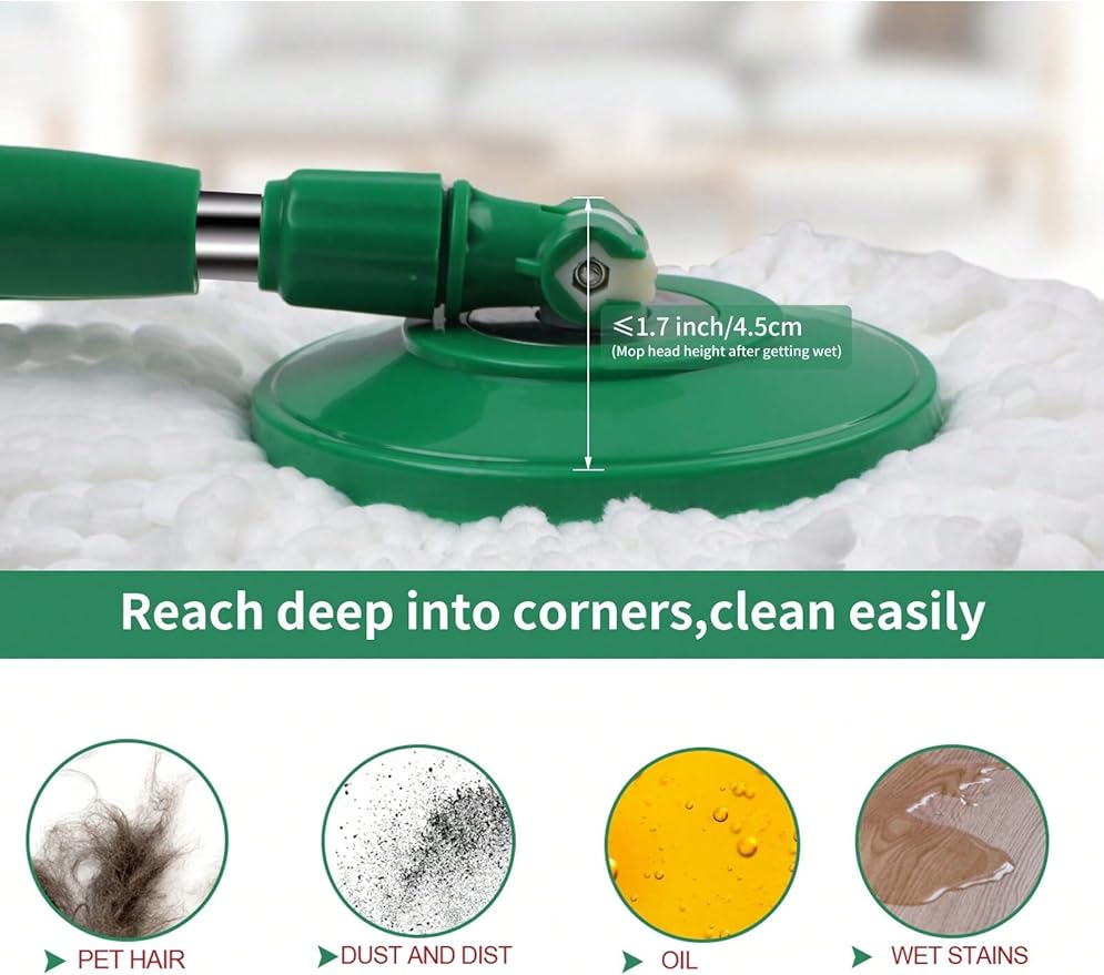 Spin Mop and Bucket with Wringer Set, 360° Spinning Mop Bucket System with 3 Microfiber Mop Replacement Heads, Adjustable Handle for Floor Cleaning (Green)