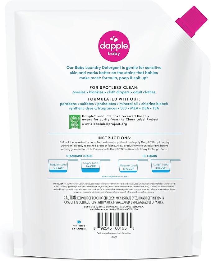 Dapple Baby Laundry Detergent, Powered by Plants, Concentrated, Hypoallergenic, Fragrance Free, Eco-Friendly Pouch, Stain Remover, 34 Fl Oz (3 Pack)