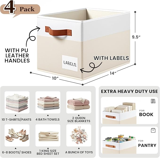 Criusia Large Closet Storage Baskets for organizing 4 Pack - Heavy Duty Closet Shelf Organizer Bins with Handles & Labels - Decorative Collapsible Baskets for Living Room Bedroom Nursery Dorm 14"x10"