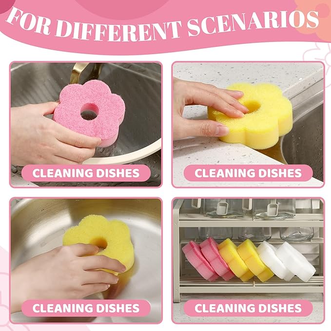 Tioncy 12 Pack Pink Flowers Sponges Bulk Spring Kitchen Decor Dual Sided Scrubber Sponges Dishwashing Kitchen Cleaning Accessories for Household Supplies
