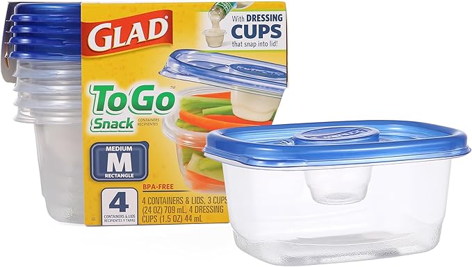 Glad GladWare To Go Snack Food Storage Containers with Lids, Medium Rectangle No BPA Plastic with Built-In Dressing Cup for Salads and Snacks, Microwave Dishwasher Safe, 24 Oz, 4 Count