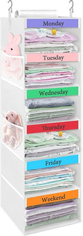 punemi Weekly Clothes Organizer for Kids, 6-Shelf Hanging Closet Storage with Side Pockets, Days of The Week Design, 11.8" x 11.8" x 37.8", Perfect for Organizing a Week's Worth of Kids' Clothing