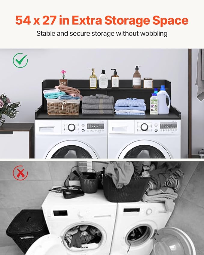 VEVOR 2 Drawers Washer Dryer Countertop with Shelf, 54" x 27" Wooden Laundry Countertop with 2 Hooks & Non-Slip Pads, Washer and Dryer Covers for The Top, Laundry Room Organization and Storage, Black