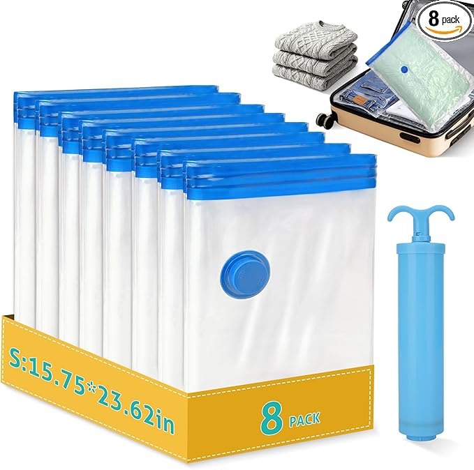 8 Pack Small Travel Vacuum Storage Bags, Portable Vacuum Seal Bags for Clothing Travel with Pump, Space Saver Bag for Luggage Suitcases Clothes Bedding Seasonal Storage