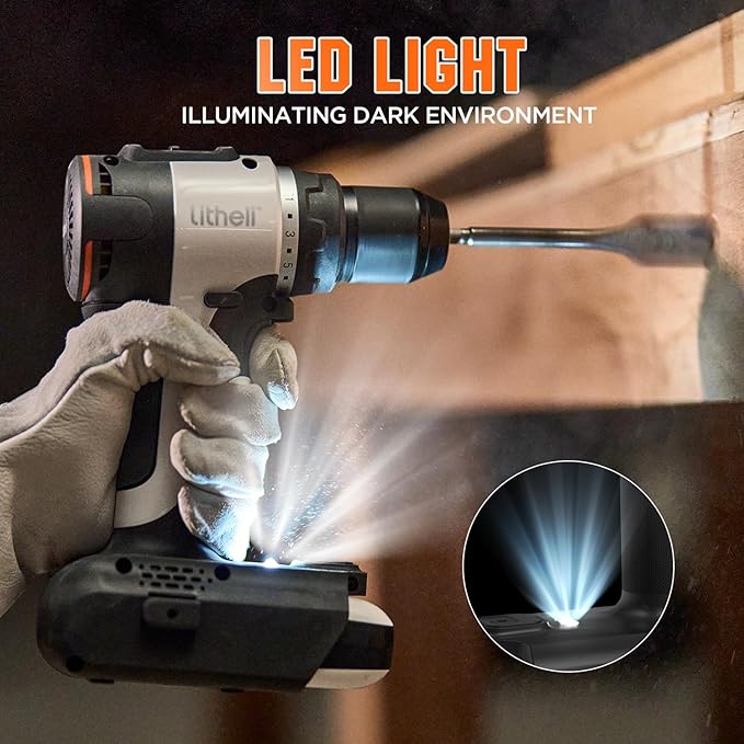 Litheli 20V Cordless Drill Driver, Brushless Power Drill with 2 Variable Speed, 1/2 Inch Keyless Chuck, Electric Drill, 17+1 Clutch Settings with Maximum Torque of 530 In-lbs
