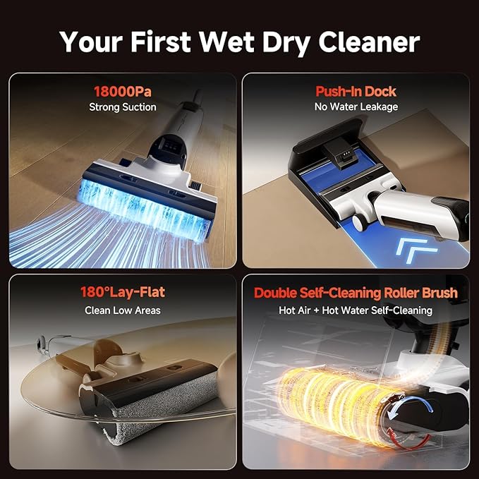 uwant Wet Dry Vacuum Cleaner 180°Lay-Flat Push-in Vacuum Mop All in One with 18000Pa Suction Auto Self-Cleaning Anti Odor Stick Dual-Edge Vacuum Cleaner Set of 1 for Hard Floor/Carpet D100
