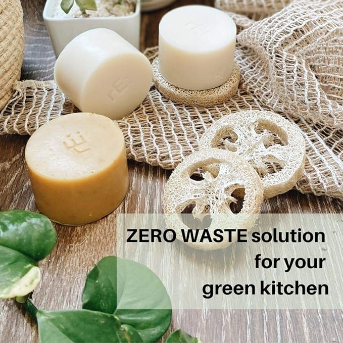 RE: REKURATOR Dishwashing Soap with Loofah Sponge – Eco-Friendly, Gentle, Plant-Based Dish Bar, No Artificial Dyes or Fragrance (Citrus Scented), 5.1 oz