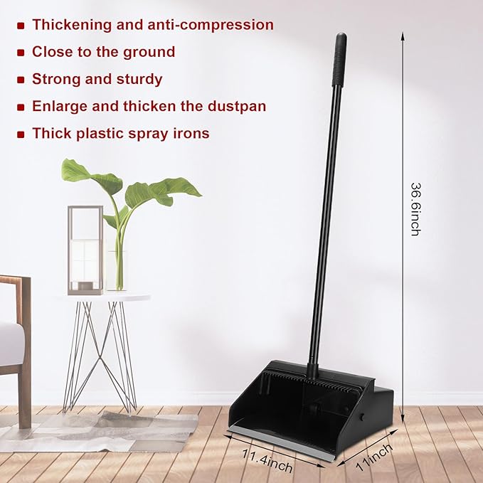 Leumoi 20 Pcs Dust Pans with Long Handle Set 36.6 Inch Commercial Dust Pan with Comb Large Plastic Stand up DustPans for Outdoor Indoor Restaurant Home Office Floor Cleaning (Black)