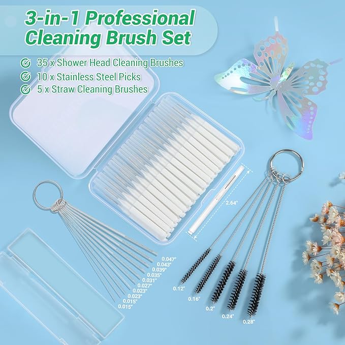 50-in-1 Shower Head Cleaner Kit with Stainless Steel Needles | Reusable Straw Brush | Unclog Tiny Nozzles for Shower, 3D Printer, Straws, Faucets, Electronics | White