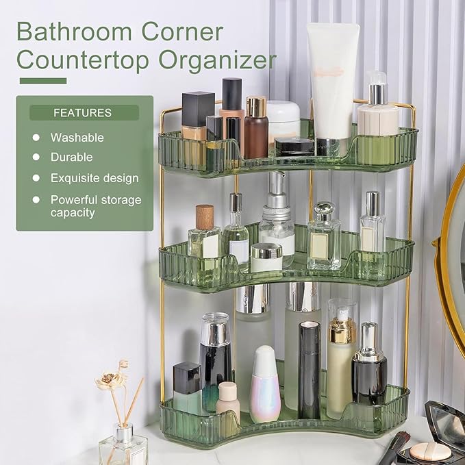 INVSSENE Corner Bathroom Countertop Organizer, Vanity Trays for Bathroom Counter, Makeup Organizer, Perfume Tray, Kitchen Spice Rack, Fits 90 Corner(Green, 3 Tiers)