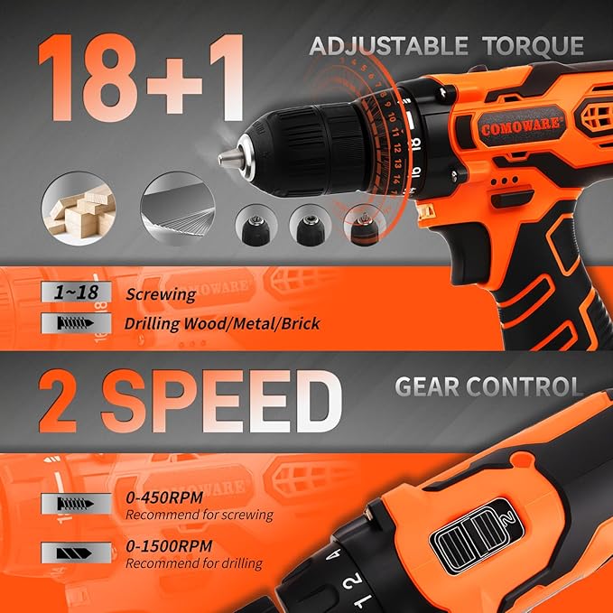 COMOWARE Household Tool Set with 12V Cordless Drill Driver, Hand Tool Kit for Men, Power Drill Set with Plastic Toolbox, Ideal for Office, Garden, DIY Project, Orange