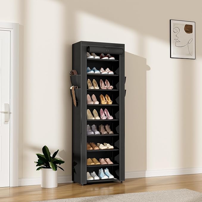 LANTEFUL Narrow Shoe Rack with Cover 10 Tier Tall Shoe Rack Organizer Large Capacity Shoe Shelf Storage 18-22 Pairs Space Saving Free Standing Shoe Storage Organizer for Closet, Entryway, Dorm, Black