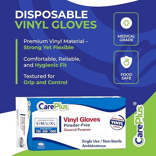CARE PLUS Vinyl Gloves Clear Medium Size 200 Count | Heavy Duty, Non-Sterile, Powder-Free, Latex-Free Rubber | Food Prep, Kitchen & Cleaning Gloves, Ideal for Professional Use