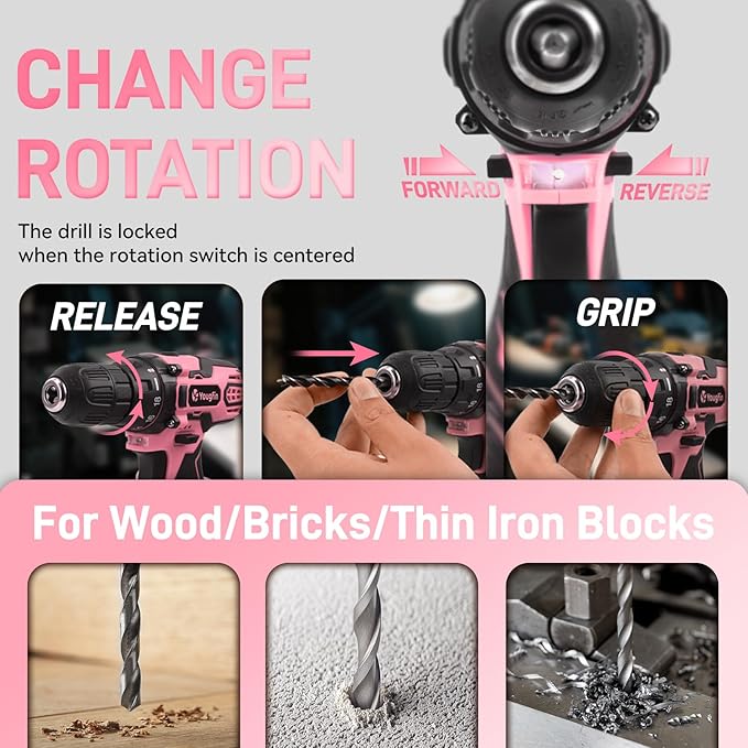 YOUGFIN Pink Drill Set, 195 Pieces Tool Set with 12V Cordles Drill, Home Tool Kits for Men & Women, Household Hand Tool Box, Perfect for DIY Office Repairing & Improvement