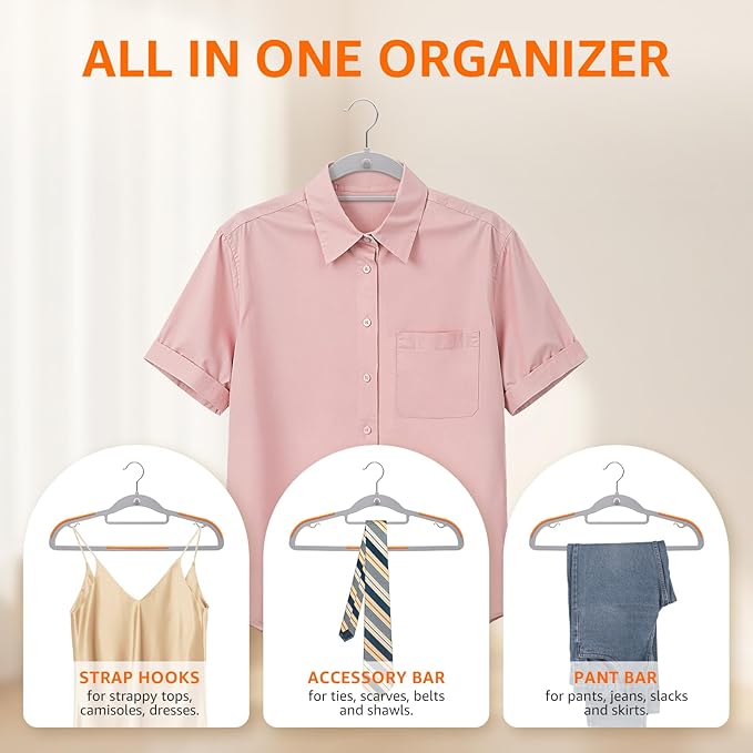 Yolife Cascading Plastic Clothes Hangers 20 Pack with Inner Hook for Vertical Storage, Slim Space Saving Hangers with Non-Slip Pads, 360° Swivel Metal Hook, Versatile, Gray & Orange