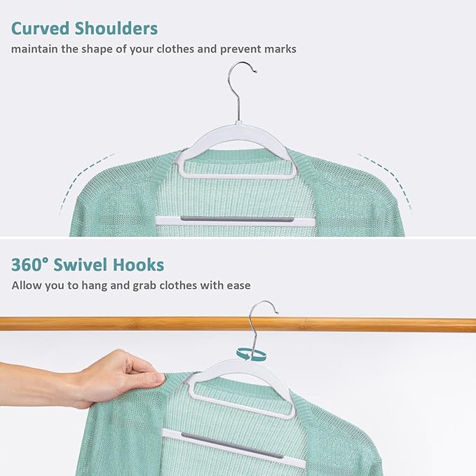Tonswachic 50-Pack Coat Hangers, Space Saving Plastic Clothes Hangers, Non-Slip, 0.2 Inches Slim, 16.53 Inches Wide, 360° Swivel Silver Hook for Shirts, Pants & Wet/Dry Garments, White and Dark Gray