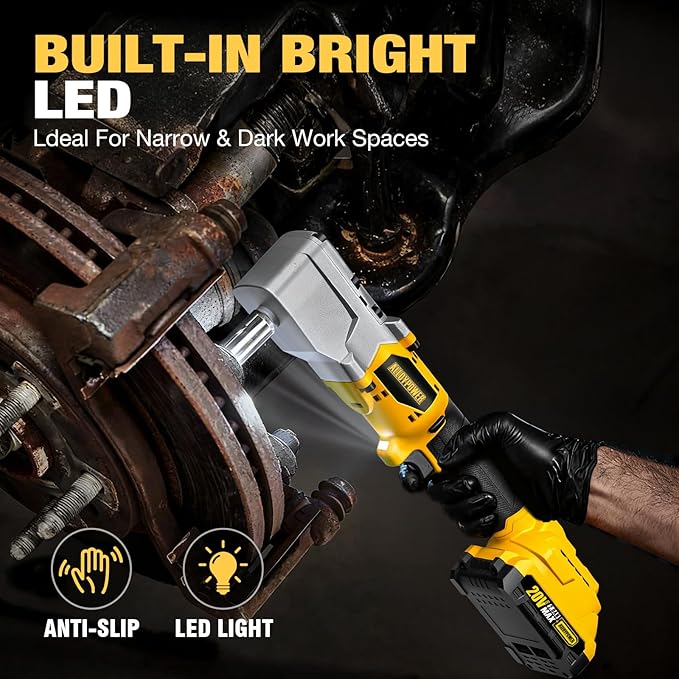 ALLOYPOWER 20V Brushless Right Angle Wrench, 207 Ft-lbs（280N.M） High Torque Cordless Power Tool with 2×2.0Ah Batteries, LED Light, 2-Speed Control, Compact 90° Design for Tight Spaces