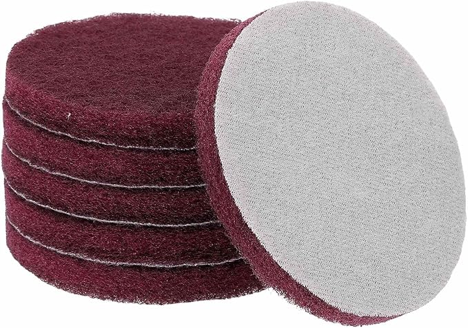 HARFINGTON 6pcs Scrubber Scouring Pads 400 Grits 4 Inch Drill Power Brush Hoop and Loop Surface Conditioning Disc Drill Scuffing Disc Scrub Pads for Home Kitchen Cleaning, Red