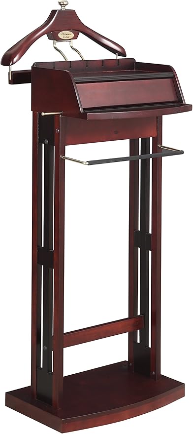 Proman Products Excalibur Wardrobe Wood Valet Stand with Power Extension, Large Storage Compartment, Contour Hanger, Trouser Bar, Tie & Belt Hooks and Shoe Rack - VL16200