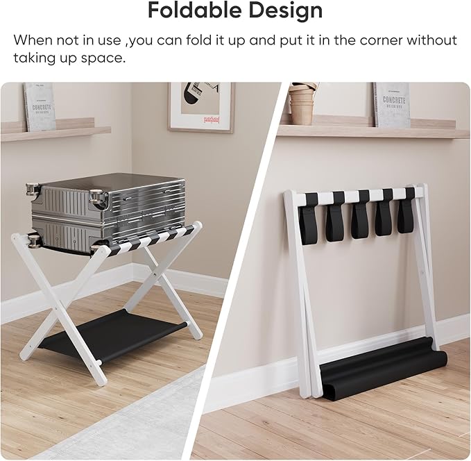 Smuxee White Bamboo Luggage Rack for Guest Room, Foldable Suitcase Stand with Storage Shelf, Easily Assembled Luggage Stand with 5 Nylon Straps for Guest Room Bedroom Hotel