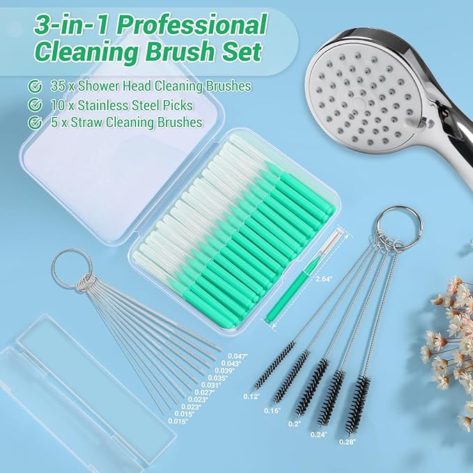 50-in-1 Shower Head & Straw Cleaning Kit - 35 Brushes, 10 Unclogging Needles, 5 Straw Brushes, Shower Head Cleaner Picks Deep Clean Stanley Cups (40/30/20oz), Water Bottles, Faucets, Printers, Green