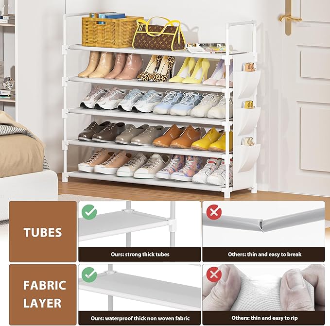 OYREL 5 Tier Shoe Organizer, 33.3in Wide x 11.2in Deep x 35.6in Tall, Black Metal and Plastic Shoe Rack with Side Bag, Holds 20-25 Pairs of Shoes
