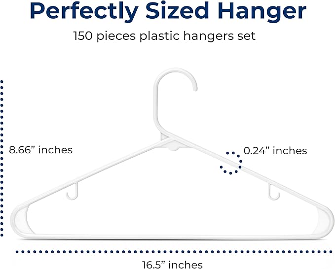 White Standard Plastic Hangers, Mega Pack,150 Pieces Hangers for Clothes, Durable Tubular Hanger Slip Design Cloth Hanger Set with 2 Integrated Strap Hook Design