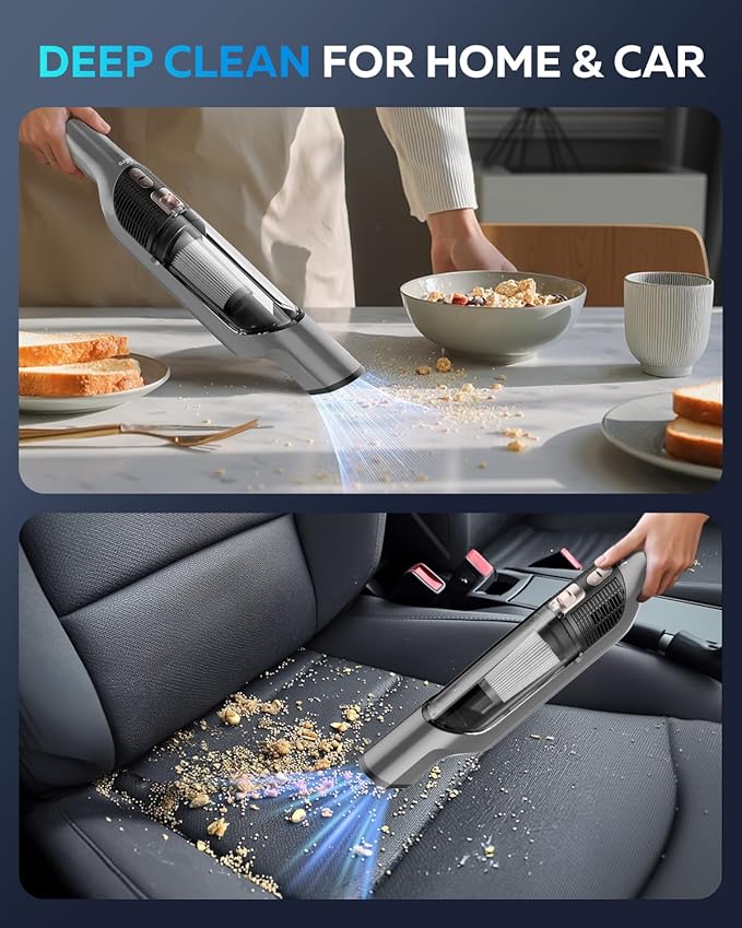 Zefiro Compact Powerful Cordless Handheld Vacuum, Rechargeable Portable Car Vacuum for Car & Pet Hair, 25000PA High Power Suction, XL Dust Cup, 2 Brushes & Filters, Long Runtime with Charger