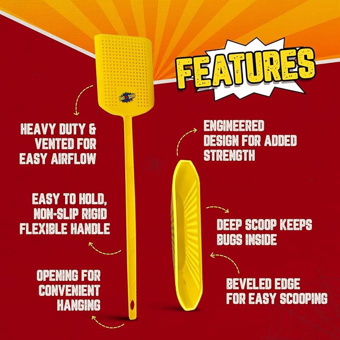 Heavy Duty Fly Swatter and Spider Catcher and Release. Insect Fly Catchers for Inside Home. House Fly Swatter or Humane Bug Catcher with Built in Insect Scoop. (3pk, Yellow)