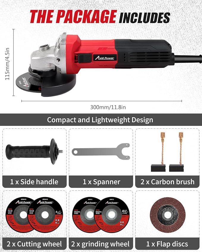AVID POWER Angle Grinder, 7.5-Amp 4-1/2 inch Electric Grinder Power Tools with Grinding and Cutting Wheels, Flap Disc and Auxiliary Handle for Cutting, Grinding, Polishing and Rust Removal - Red