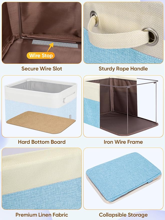 BALEINE 3 Pack Fabric Storage Bins for Shelves, Linen Storage Baskets for Organizing, Decorative Closet Bins for Clothes, Home (Skyblue, 14''x10''x8.5'')