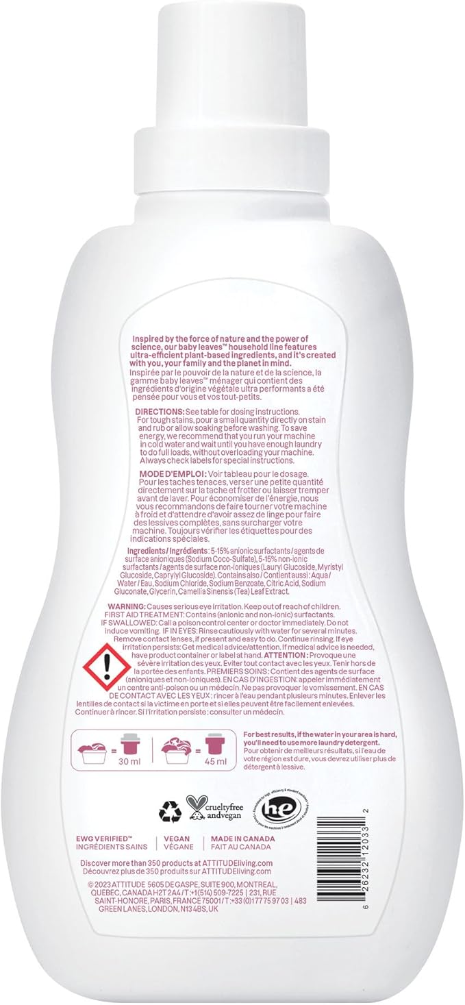 ATTITUDE Baby Laundry Detergent, EWG Verified, Plant and Mineral-Based Formula, HE Compatible, Vegan Household Products, Unscented, 35 Loads, 35.5 Fl Oz
